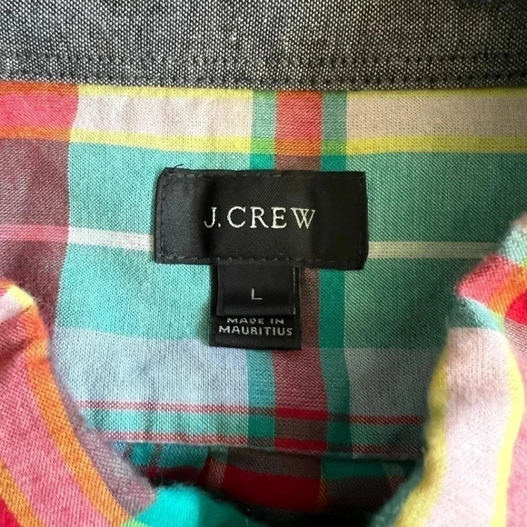 J Crew Colorful Red Teal White Casual Shirt Button Down Short Sleeve Plaid Large - Picture 5 of 6